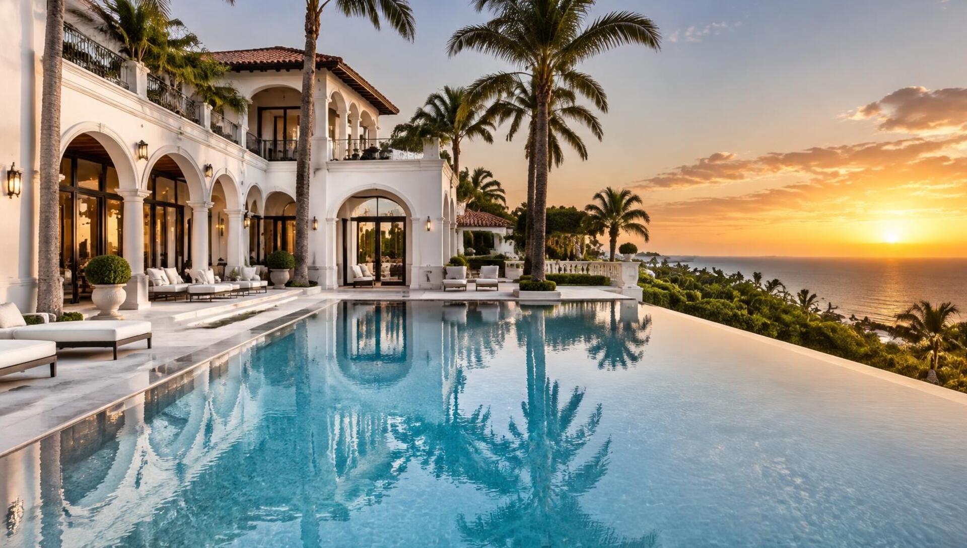 Luxury infinity pool at a Palm Beach estate at sunset