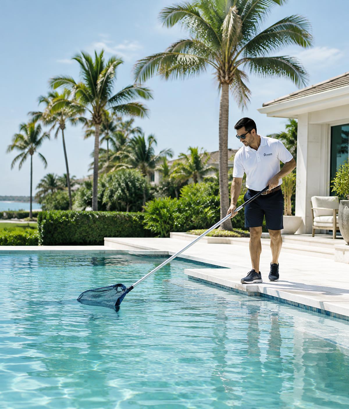 Uniformed technician cleaning a Palm Beach estate pool